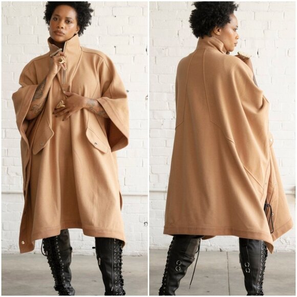 Camel Coat Poncho Cape Wool Blend Extra Large XL Tan Winter ICCON - Picture 2 of 15